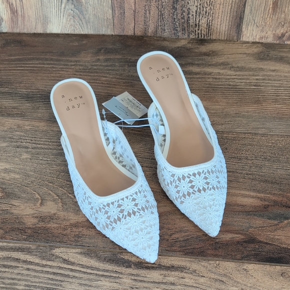 a new day Shoes - A New Day Off White Delilah Floral Embroidered Pointed Toe Mule Heels